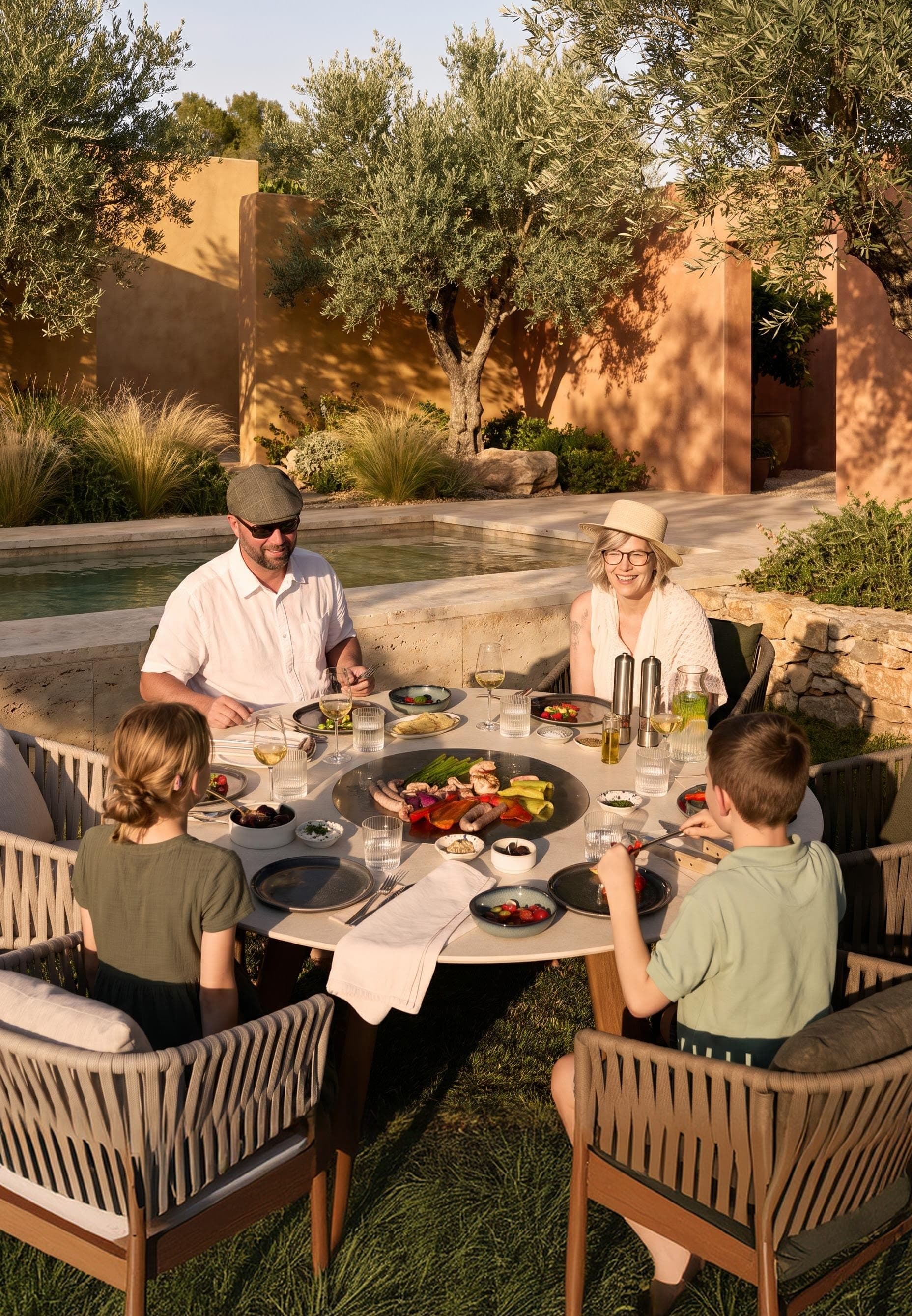 Familie sitzt gemeinsam am Q-Olento im Garten am Pool und grillt